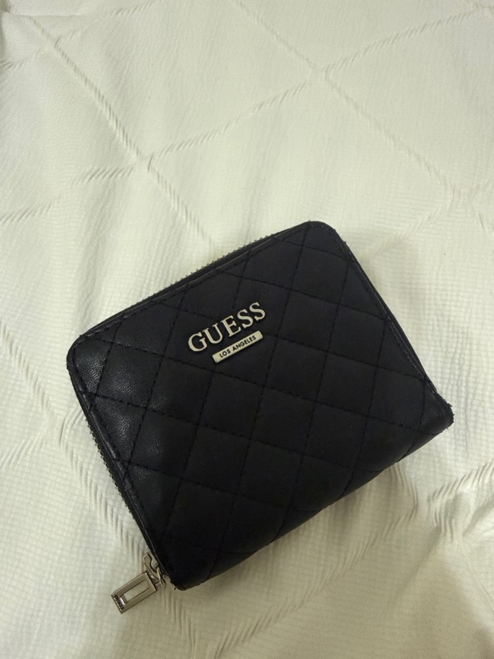 GUESS Black Quilted Zip Wallet with Metal Logo